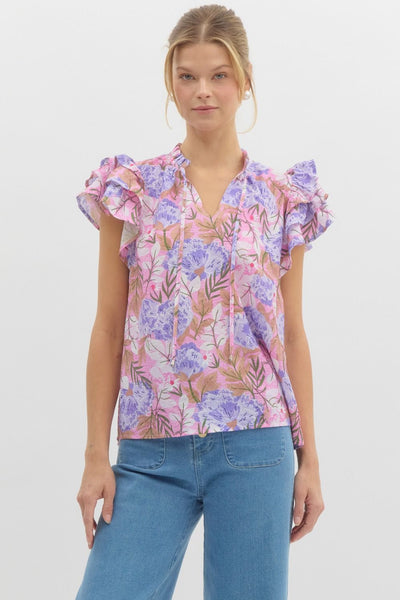 the sweetest thing floral ruffle sleeve top | pink