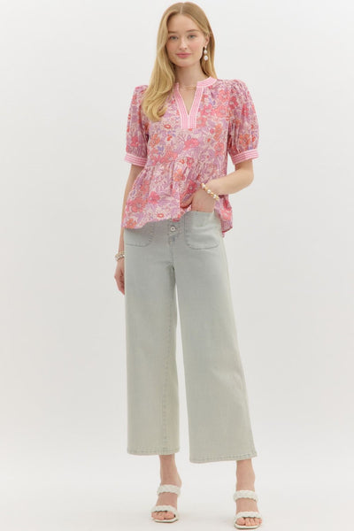 taking the lead floral ruffle hem top | pink