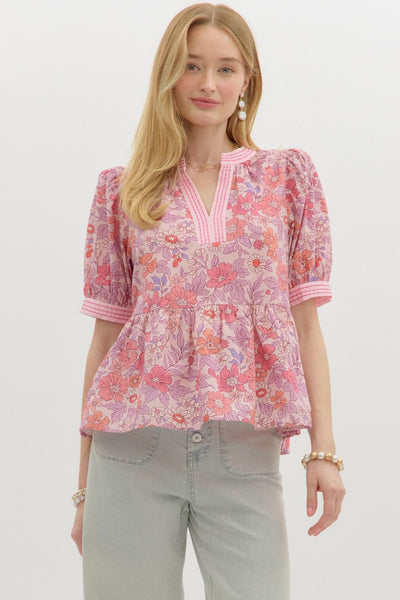 taking the lead floral ruffle hem top | pink