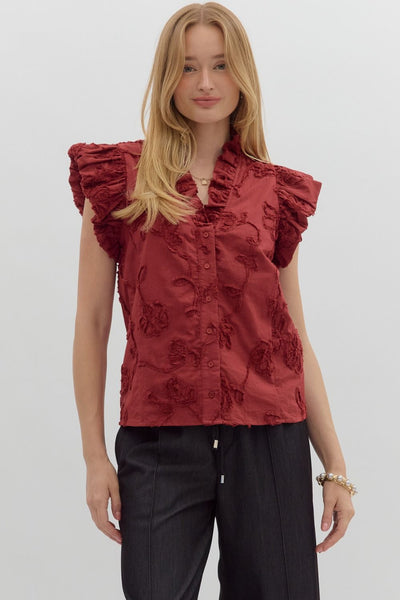 love song floral applique flutter sleeve top | cherry
