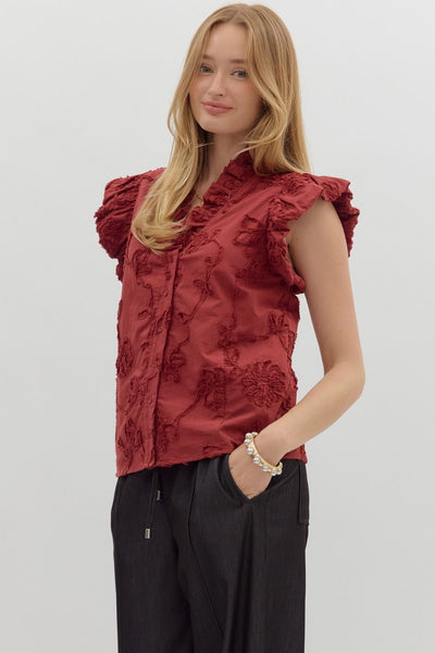 love song floral applique flutter sleeve top | cherry
