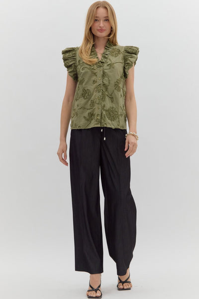 love song floral applique flutter sleeve top | olive