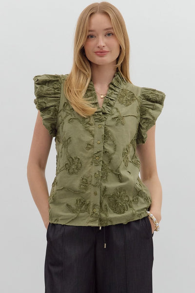love song floral applique flutter sleeve top | olive