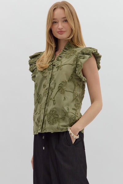 love song floral applique flutter sleeve top | olive