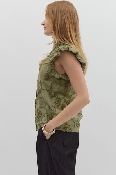 love song floral applique flutter sleeve top | olive