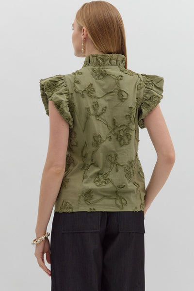 love song floral applique flutter sleeve top | olive