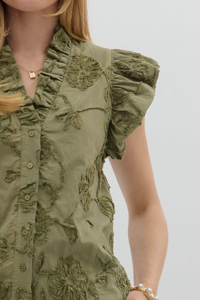 love song floral applique flutter sleeve top | olive