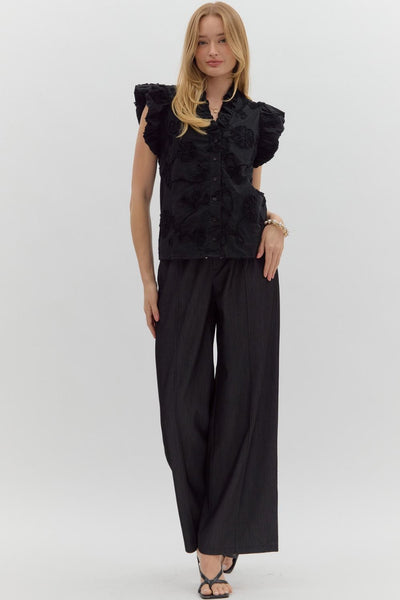 love song floral applique flutter sleeve top | black