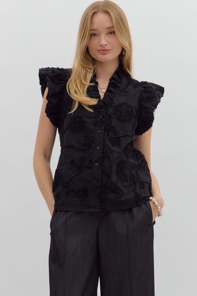 love song floral applique flutter sleeve top | black