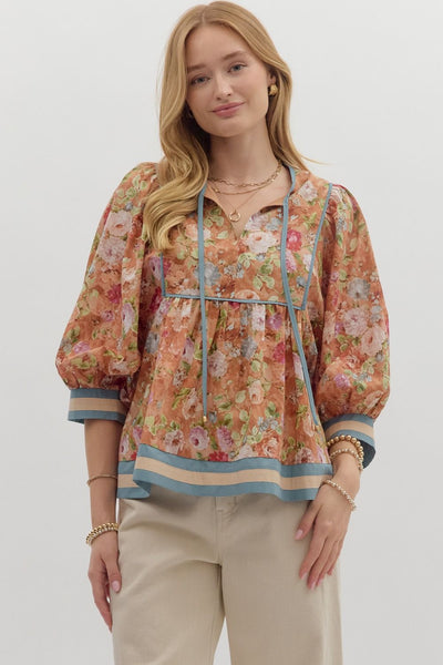 here & there vintage floral empire waist top | terracotta