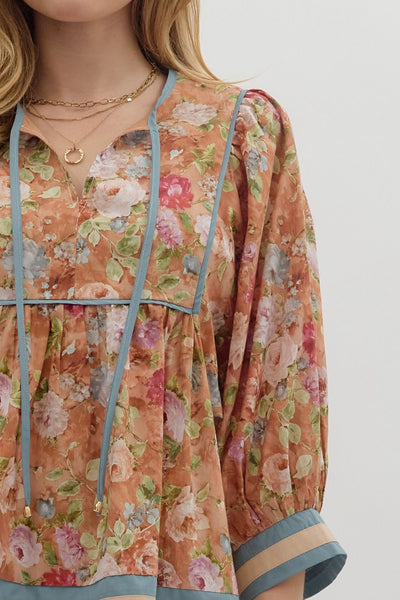 here & there vintage floral empire waist top | terracotta