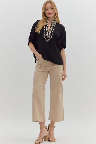 just a girl leopard trim dolman sleeve top | black