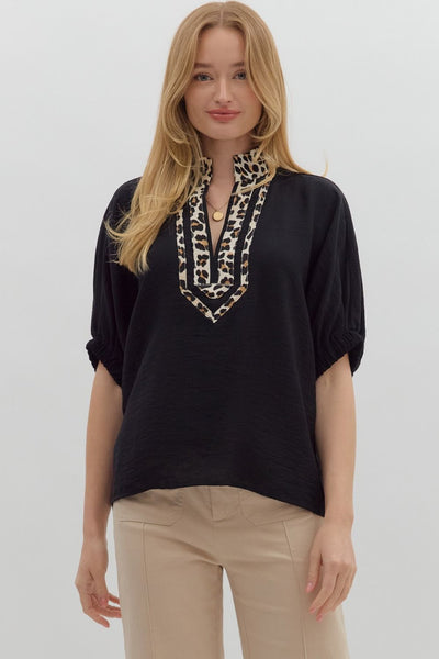 just a girl leopard trim dolman sleeve top | black
