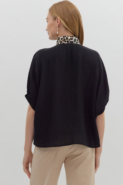just a girl leopard trim dolman sleeve top | black