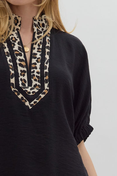 just a girl leopard trim dolman sleeve top | black