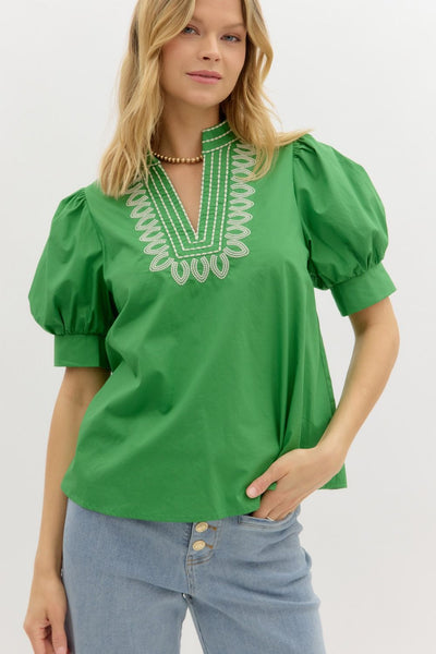 timeless edge puff sleeve embroidered top | green