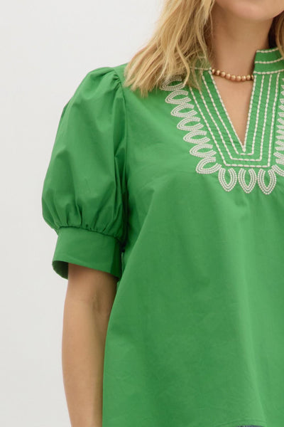 timeless edge puff sleeve embroidered top | green