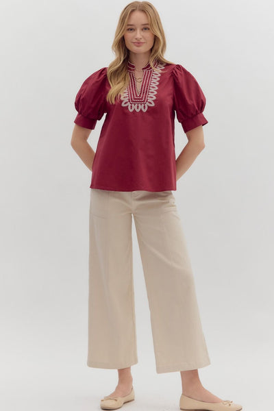 timeless edge puff sleeve embroidered top | burgundy