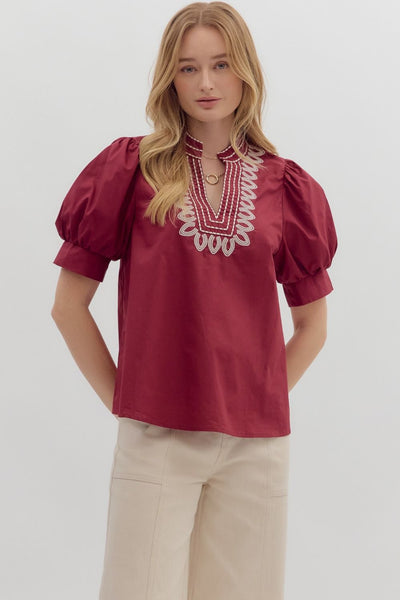 timeless edge puff sleeve embroidered top | burgundy