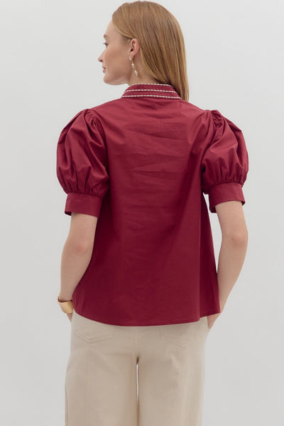 timeless edge puff sleeve embroidered top | burgundy