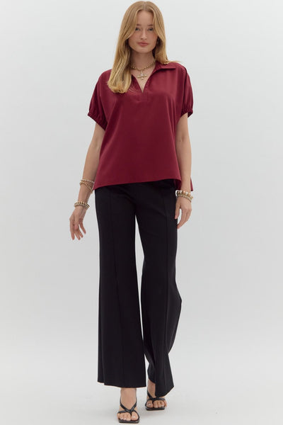 blissfully chill split collar top |  burgundy
