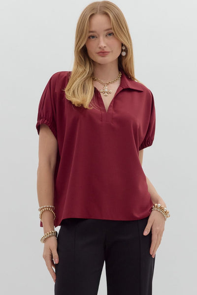 blissfully chill split collar top |  burgundy