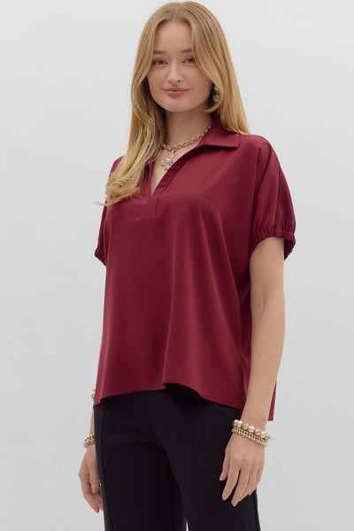 blissfully chill split collar top |  burgundy
