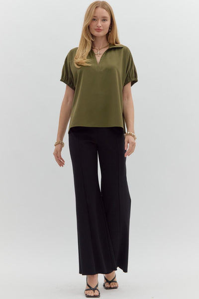 blissfully chill split collar top |  olive