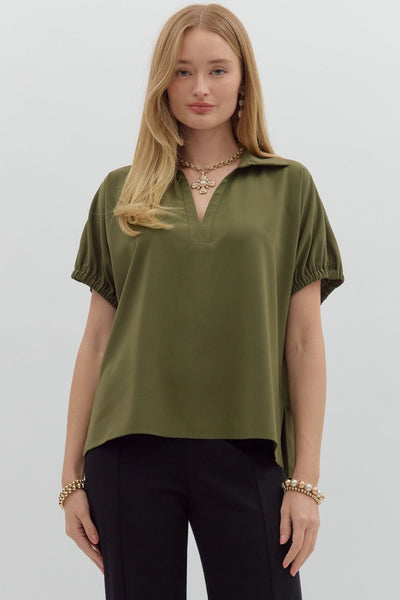 blissfully chill split collar top |  olive