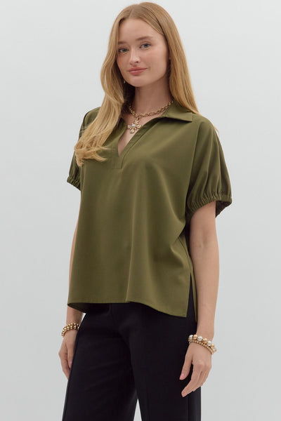 blissfully chill split collar top |  olive