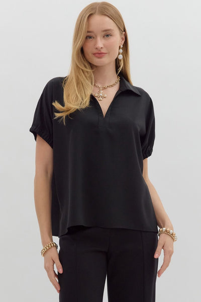 blissfully chill split collar top | black