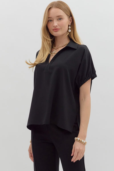 blissfully chill split collar top | black