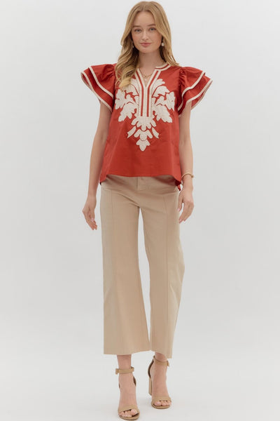 for the right moment embroidered applique flutter sleeve top | cinnamon