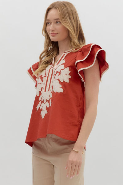 for the right moment embroidered applique flutter sleeve top | cinnamon