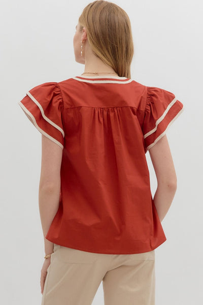 for the right moment embroidered applique flutter sleeve top | cinnamon
