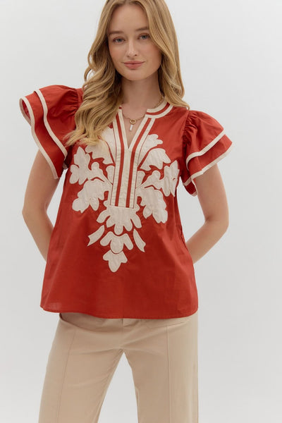 for the right moment embroidered applique flutter sleeve top | cinnamon