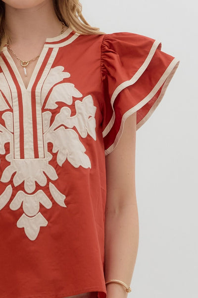 for the right moment embroidered applique flutter sleeve top | cinnamon