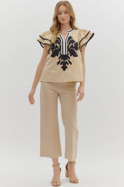 for the right moment embroidered applique flutter sleeve top | taupe