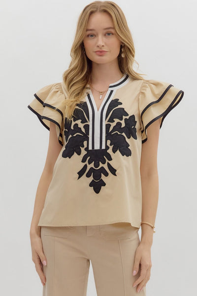 for the right moment embroidered applique flutter sleeve top | taupe
