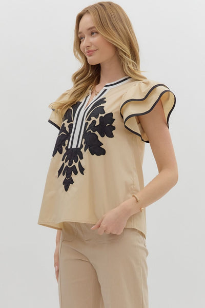for the right moment embroidered applique flutter sleeve top | taupe