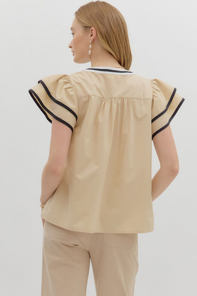 for the right moment embroidered applique flutter sleeve top | taupe