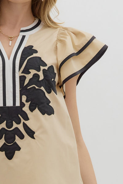 for the right moment embroidered applique flutter sleeve top | taupe