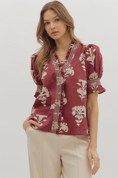 change of pace floral puff sleeve top | garnet
