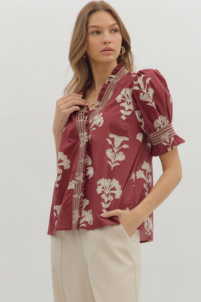 change of pace floral puff sleeve top | garnet
