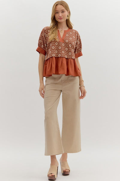 always a yes floral jacquard ruffle hem top | rust