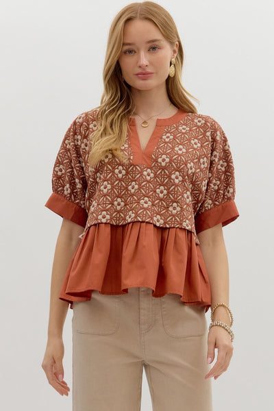 always a yes floral jacquard ruffle hem top | rust