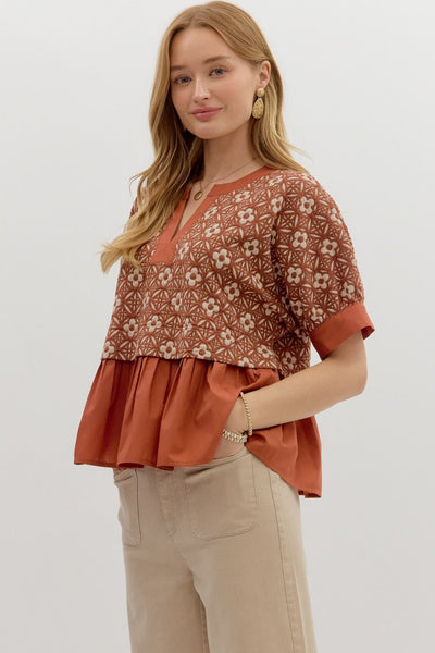 always a yes floral jacquard ruffle hem top | rust