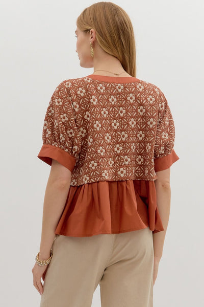 always a yes floral jacquard ruffle hem top | rust