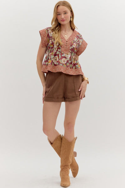 fallen halo floral pintuck top | burgundy