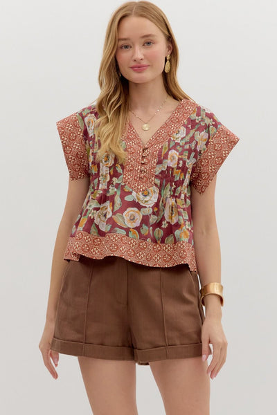 fallen halo floral pintuck top | burgundy